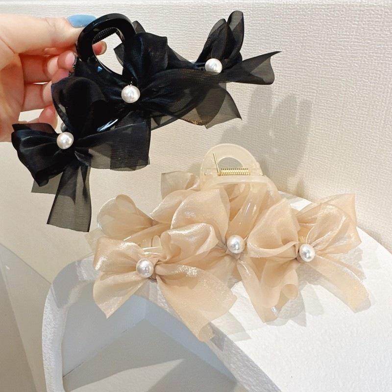 Korean Fashion Pearl Mesh Claw Girl Back of Head Hair Clip for Women Bow Hairpin 7