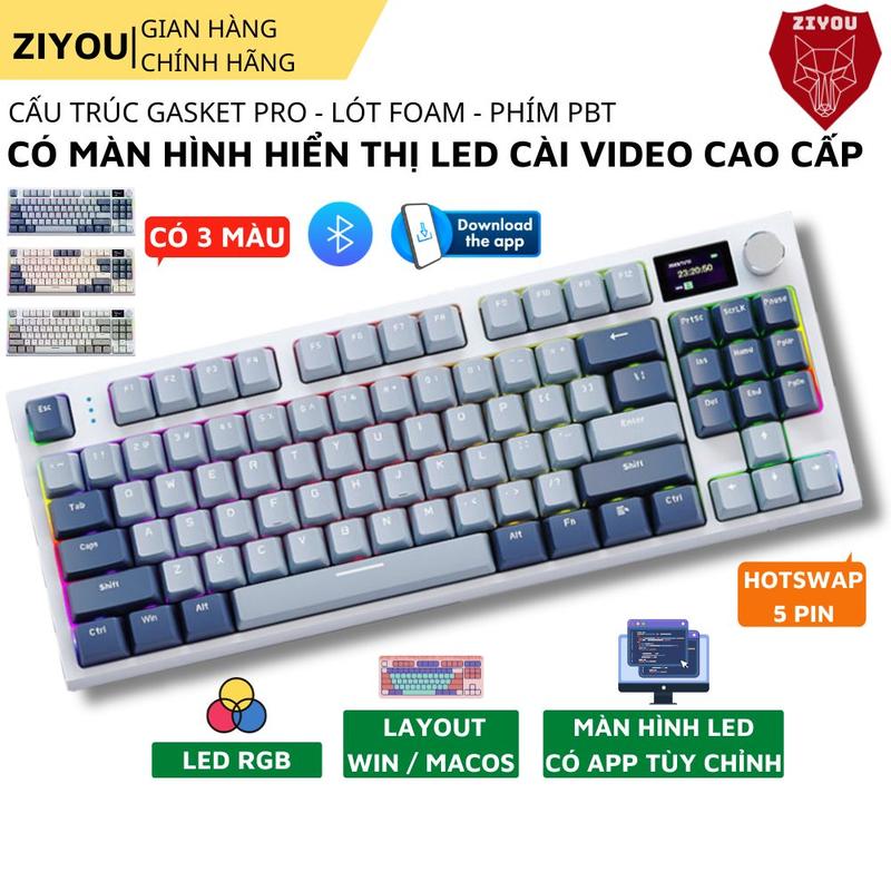 Bàn Phím Cơ Không Dây Bluetooth Ziyou K86RGB Led Pro, Màn Hình Cài Đặt Nhiều Chế Độ, Có Núm Xoay, HOTSWAP 5 pin Lót Foam