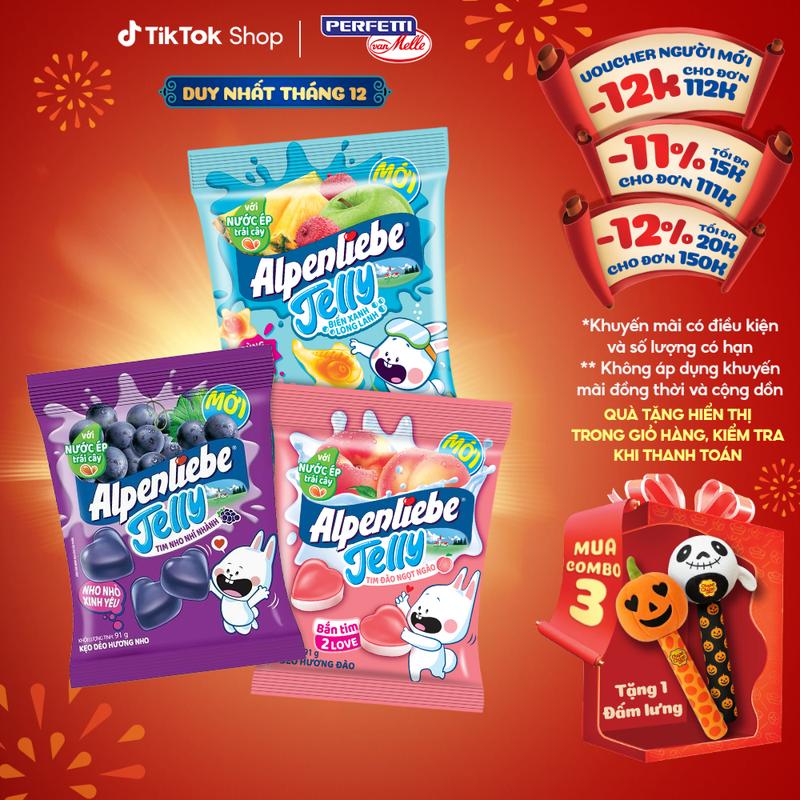  COMBO Kẹo dẻo có nhân Alpenliebe hương trái cây hỗn hợp Biển Xanh Long Lanh Ong Óng Ánh và Tim Đào Ngọt Ngào 