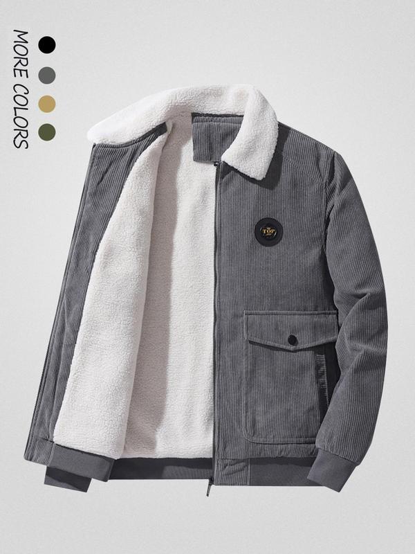 Men's Regular Fit Solid Patched Pocket Fleece Jacket, Casual Long Sleeve Zip Up Outerwear for Winter, Men's Clothes for Daily Wear 2