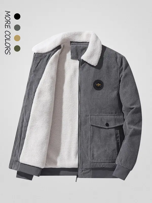 Men's Regular Fit Solid Patched Pocket Fleece Jacket, Casual Long Sleeve Zip Up Outerwear for Winter, Men's Clothes for Daily Wear 2