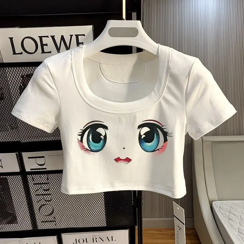 Áo Crop-Top Cổ Chữ U Dáng Ôm Màu Trắng Mùa Hè, Chất Liệu Cotton Nguyên Chất Phong Cách Cô Gái Nóng Bỏng Áo Thun ngắn Tay Áo Cạp Cao Ngắn Cho Nữ Hàng Mới Về 2024