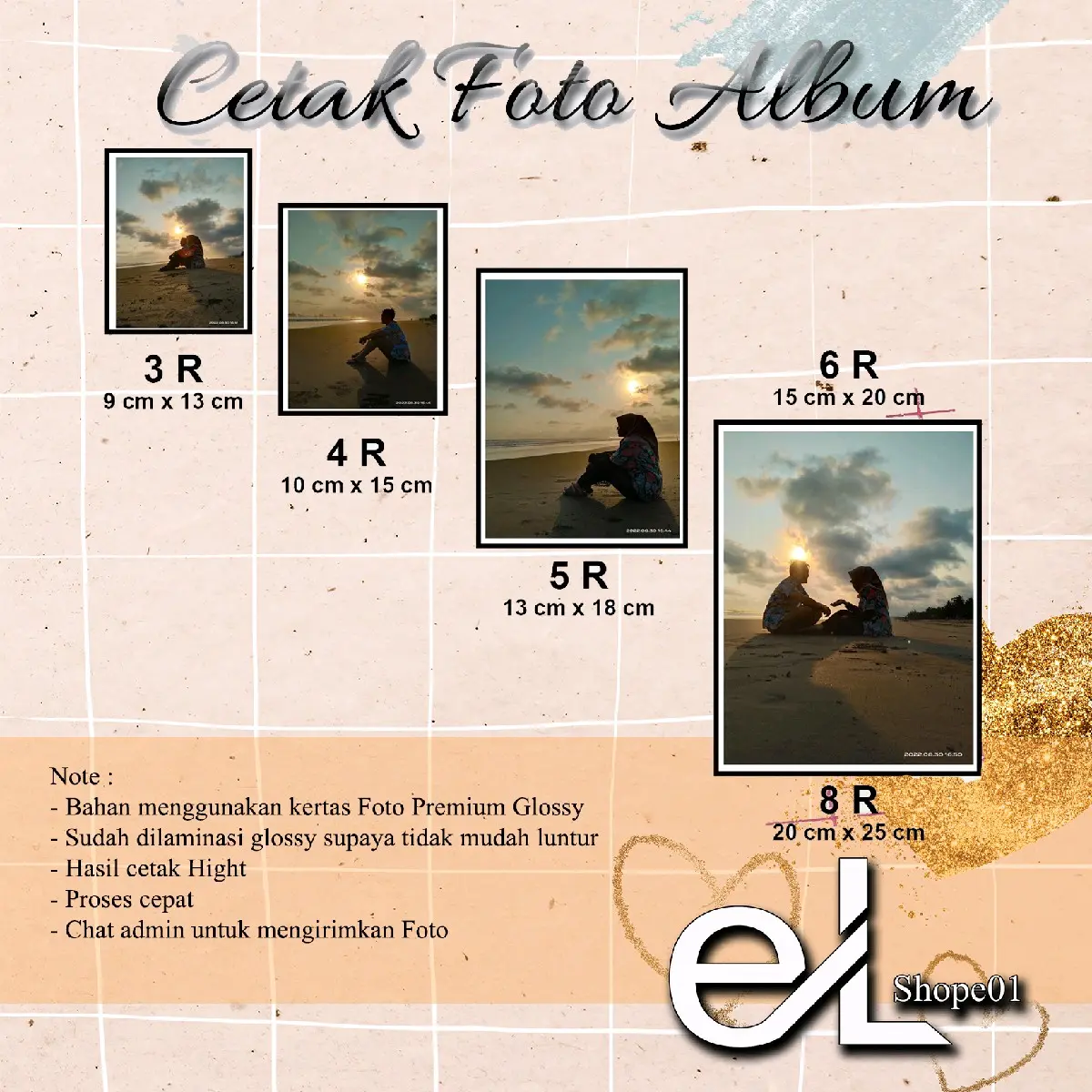 Cetak Foto Album 1R,2R,3R,4R,5R,6R,8R,A4 Tidak Mudah Luntur, Bahan Kertas Foto Glossy