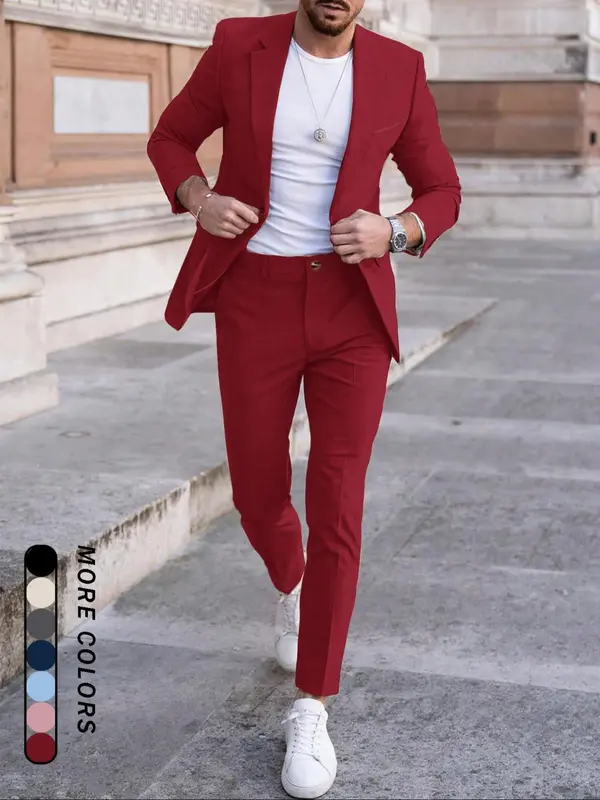 Men's Plain Business Suit Set, Slim Fit Lapel Neck Blazer & Pants, Men's Summer Clothes for Work Office Business, Menswear 3