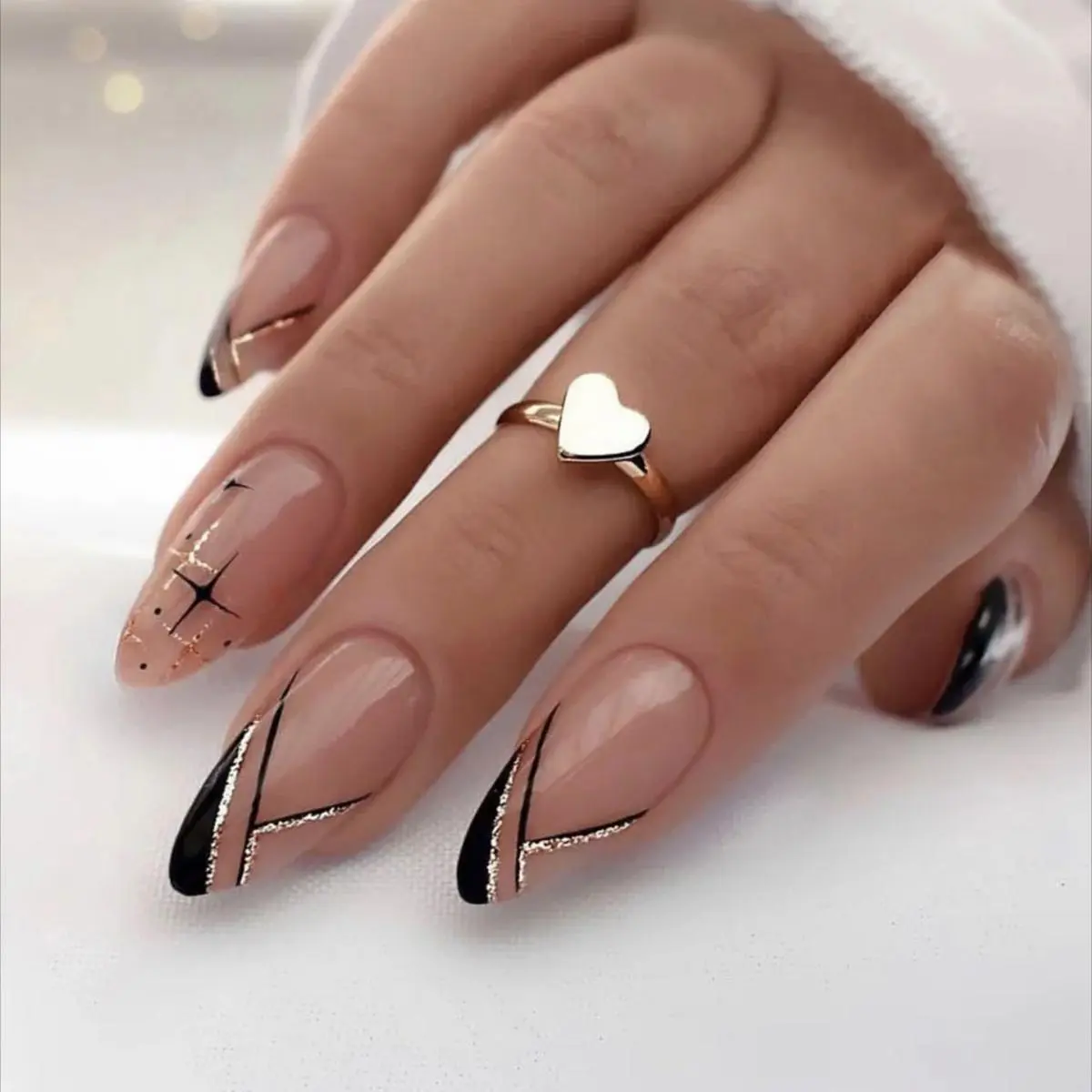 Long Almond Fake Nail, 24pcs Geometric Line Design Full Cover Press On Nail With 1 Sheet Tape & 1 Count Nail File, Elegant Stick On Nails Kit, Easy To Apply, Reusable Nail Art Kit For Women & Girls