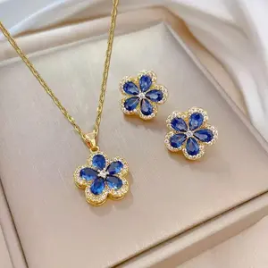 Aksesoris Bunga Biru ( Anting, Kalung ) Titanium Anti Karat & Anti Luntur.