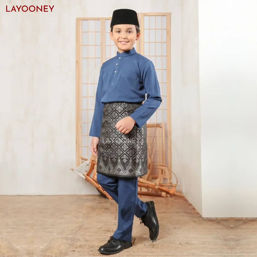 Setelan Baju Kurung Melayu Anak Laki Laki  Bahan Katun Toyobo Denim Satu Set Pakaian Teluk Belanga Cekak Musang Fashion Muslim Koko Adat Malaysia Riau Premium