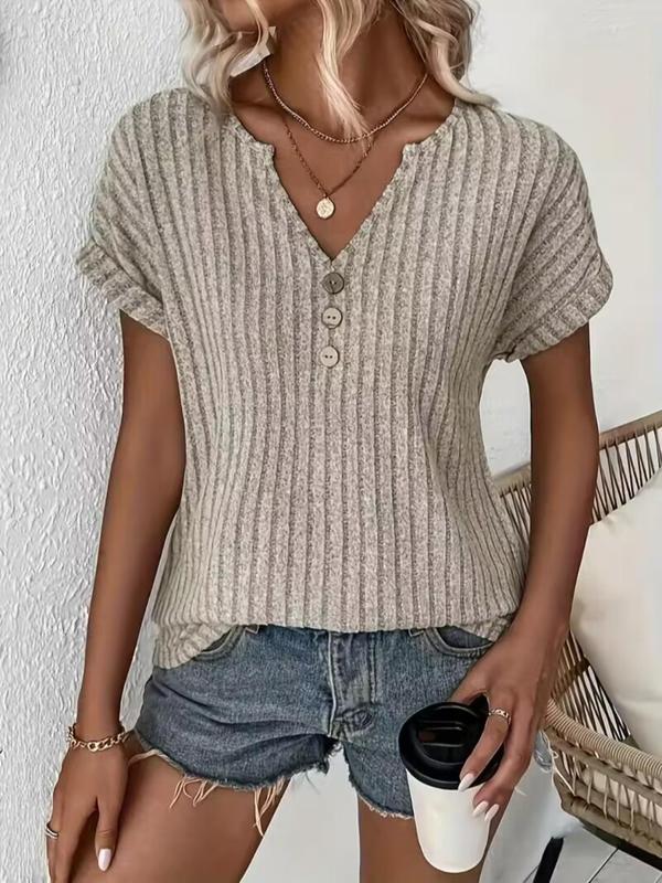 Women's Plain Button Decor Notched Neck Tee, Elegant Casual Fashion Short Sleeve Ribbed T-shirt for Summer, Ladies Clothes for Daily Wear, Womenswear 1