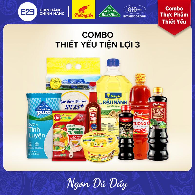 Combo Thiết Yếu Tiện Lợi 3: Dầu Đậu Nành Tường An Premium 2L, Gạo ST 25 HCK x 2kg, Hạt Nêm Sườn Non400g x 1 gói, Ðường Biên Hòa Pure 1 kg, Bơ Thực Vật Nguyên Bản 200g, Nước Mắm Ngư Phát 500ml (đỏ), Nước tương đậu nành 700ml, Dầu Hào 350g, Tương Ớt 830g