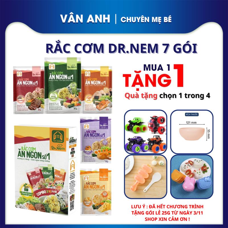 Thực phẩm Rắc Cơm Ăn Ngon Dr.Nem Cho Bé, Hộp 7 Gói gồm (1 Bò,1 Cá Hồi,1 Rau Củ,2 Gà Pho Mai ,2 Pho Mai)- Gia Vị Bột Rắc vào cơm , cháo- MECA STORE-KÈM QUÀ