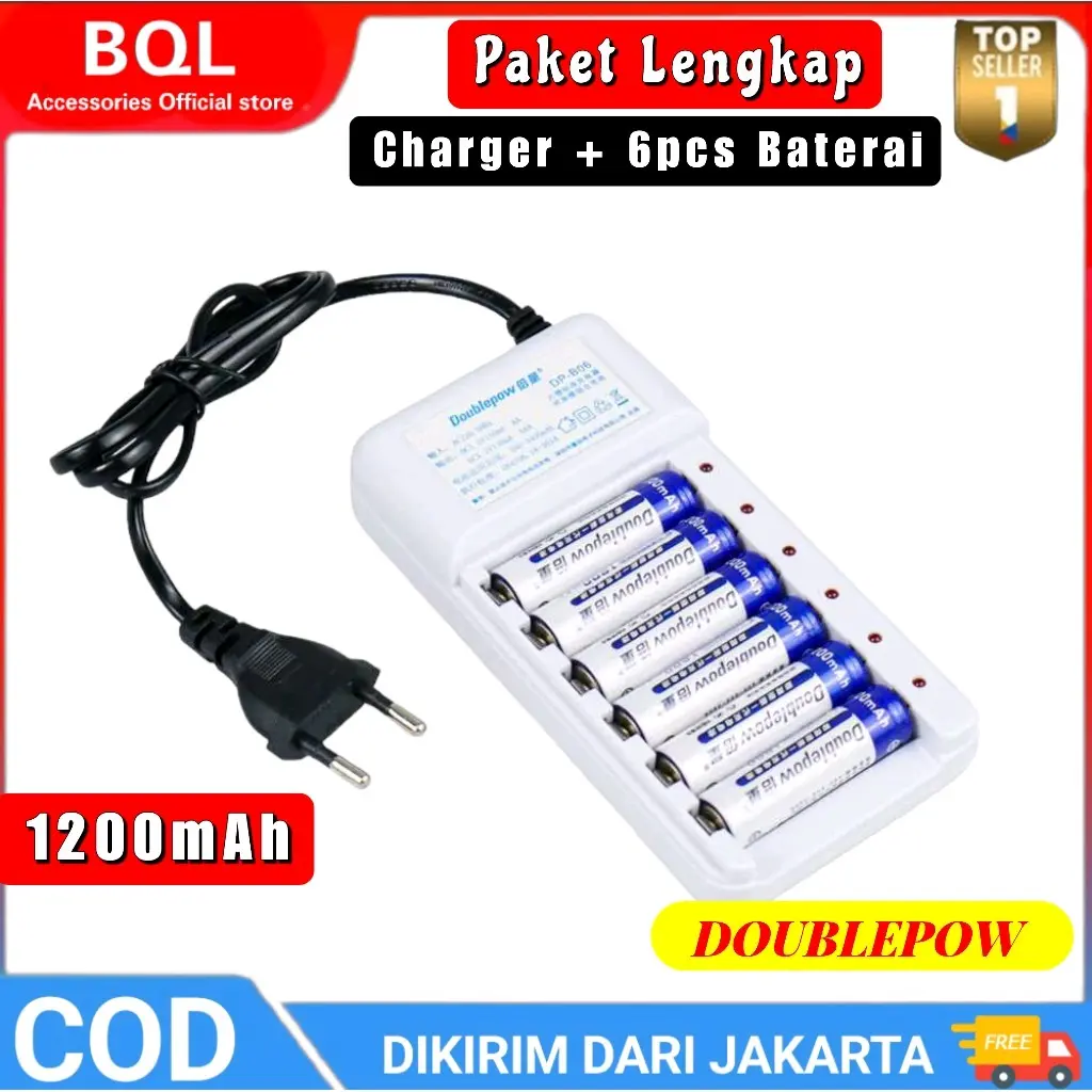 Paket Combo Hemat Charger + Baterai AA 1200mAh Doublepow Charger Baterai 6 slot AA/AAA with 6PCS AA 1200mAh - DP-B06