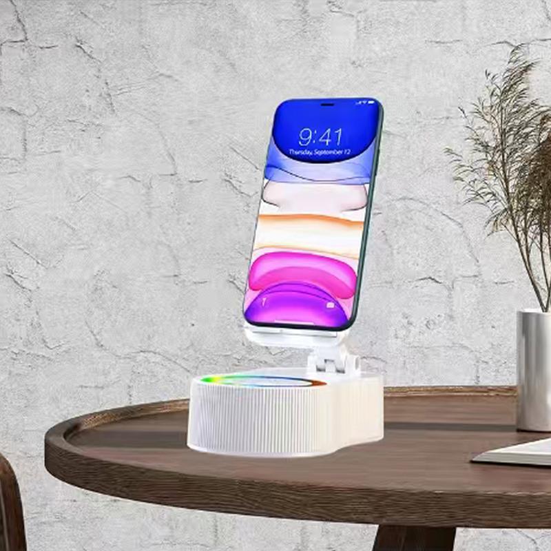Wireless Charging Speaker Phone Holder, 360-Degree Rotatable Phone Stand with Colorful Atmosphere Light, Portable Phone Accessories for Home Office 6