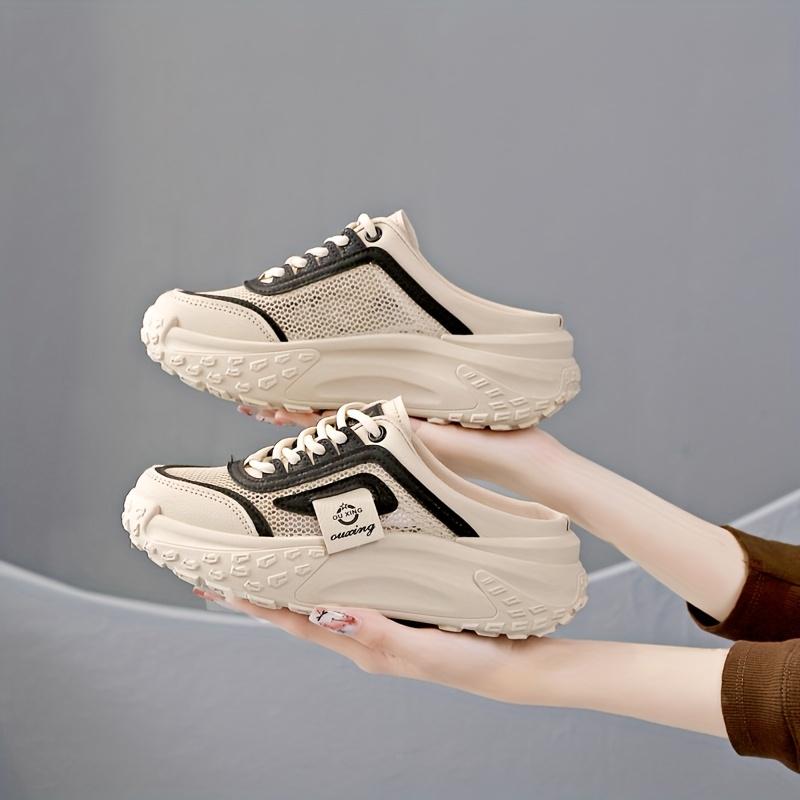 Product Introduction of Women's Breathable Mesh Slip-On Sneakers - Casual Lace-Up, Mid-Heel, Summer Fashion Shoes with Round Toe & TPU Sole, Outdoor, Half Slip-on, Leisure Style 8