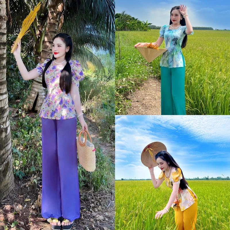 Bộ bà ba, bộ đồ lam áo hoa phối quần lụa satin, cổ vuông, tay búp đính nút, mặc đi chùa, thường ngày Nữ Women