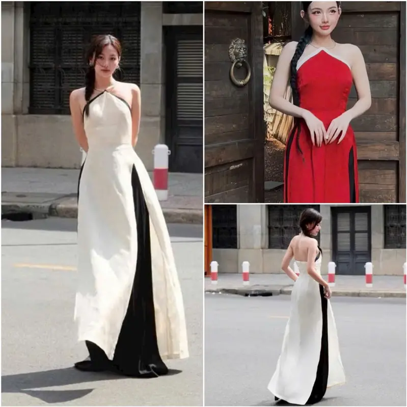 Set áo dài cách tân cổ yếm vòng kiềng có mút ngực phối quần dài ống rộng chất vải tuyết nhung,