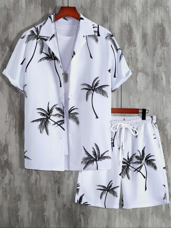 Two Counts Men's Coconut Tree Print Shirt & Pocket Drawstring Shorts Two-piece Set, Summer Clothes, Regular Fit Tropical Print Two-Piece Outfit, Summer Beach Vacation Clothes Set 0