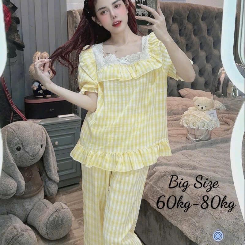 Bigsize 50/75 kg đũi sọc caro tiểu thư cổ vuông viền ren mặc nhà thoáng mát Women Nữ 5