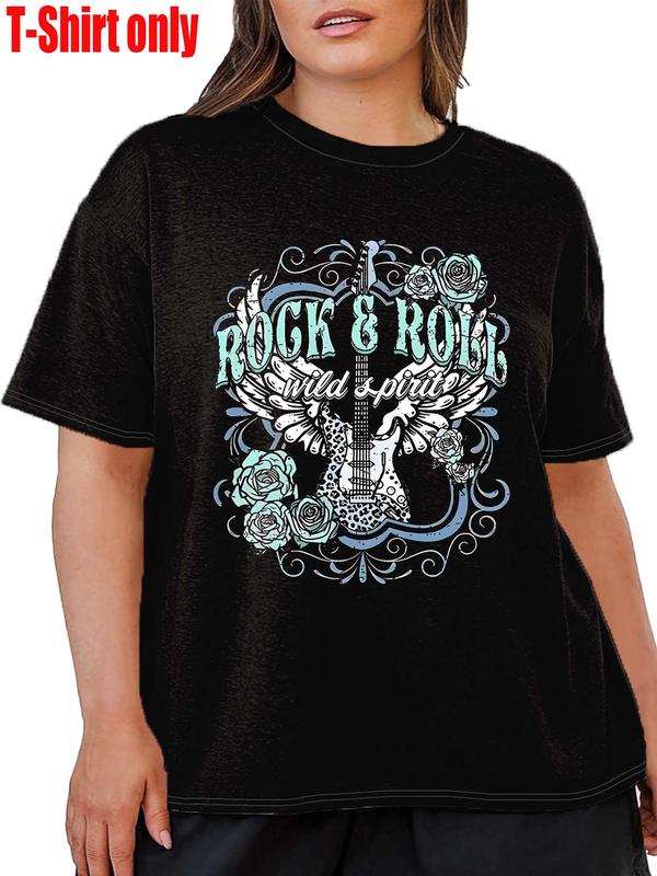 【Plus Size】 Women's Rock & Roll Letter & Guitar Print Round Neck Tee, Casual Short Sleeve T-shirt for Daily Wear, Ladies Clothes for All Seasons 1