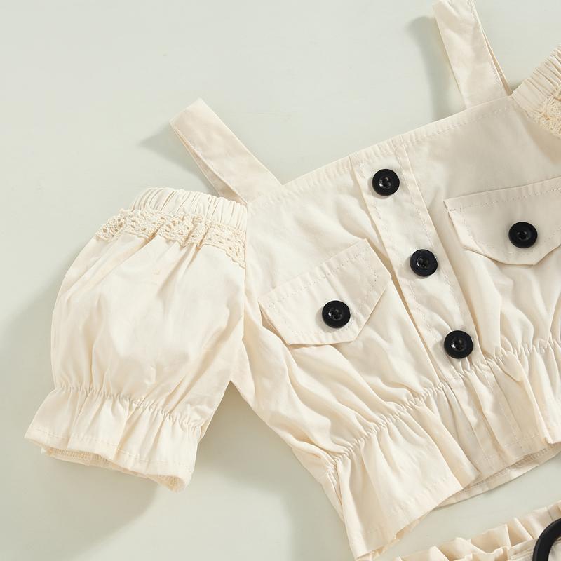 Product Introduction of Kids Girls 2Pcs Summer Outfits, Short Sleeve Cold Shoulder Tops + Cargo Pants Set 40