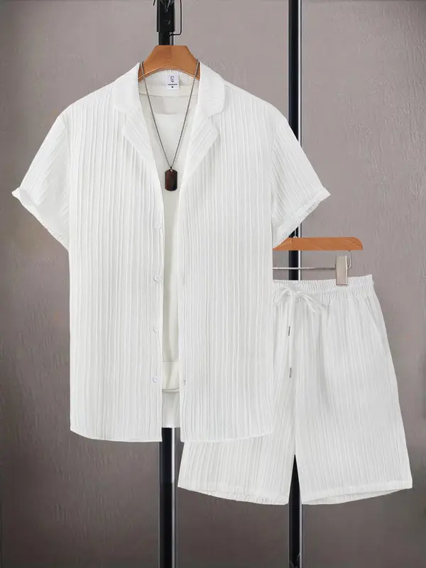 Men's Solid Short Sleeve Top & Shorts Set, Regular Fit Formal Shortsleeve Top & Shorts, Men's Summer Clothes, Sets for Men Clothing, Menswear, Suits, Summer Outfit Set, Casual Matching Set 3