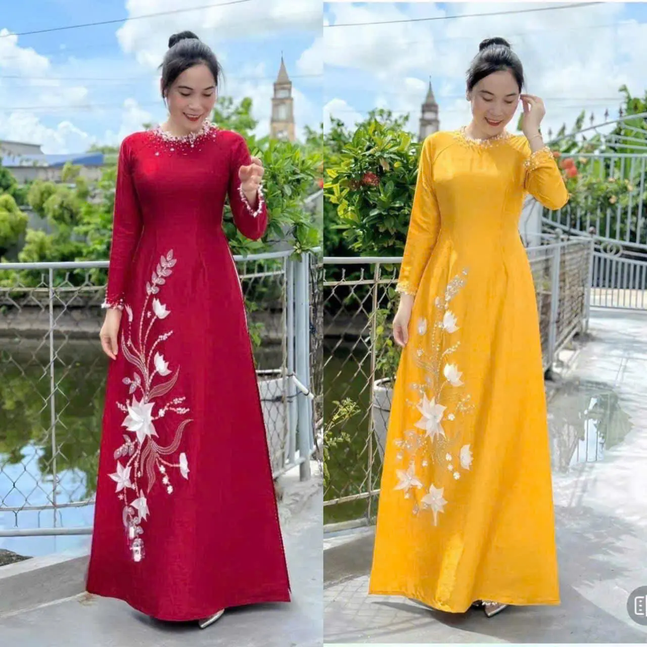 MINT M01 Áo Dài Cho Mẹ Thiết Kế chất lụa vân gỗ siêu xinh