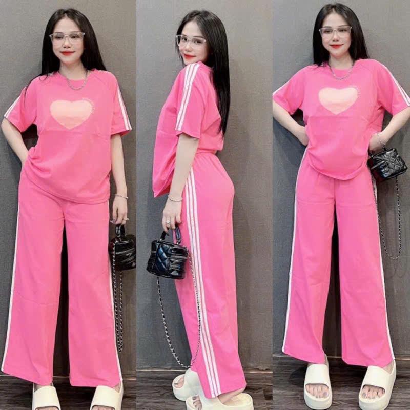 Bộ áo phông quần dài thể thao chất cotton su phom rộng in hình trái tim Thun Sport - Nữ - Size 40-75kg 2