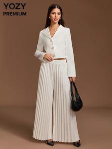 YOZY Women's Solid Button Front Blazer & Elastic Waist Pleated Pants Two-piece Set, Long Sleeve Lapel Neckline Outerwear & Wide Leg Trousers for Work, Valentine's Day Outfit