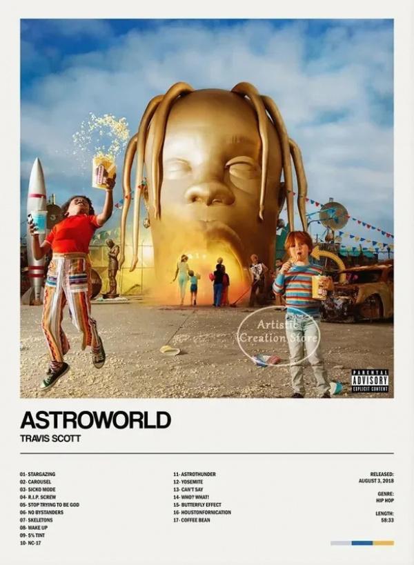Product Introduction of โปสเตอร์ปกอัลบั้ม, การออกแบบดาวนักร้องฮิปฮอป Travis Scott, ภาพวาดบนผืนผ้าใบ, ภาพแขวนผนัง, เหมาะสำหรับห้องนอน, คลับ, และของตกแต่งบ้าน, ของขวัญแฟน, ของสะสม 48