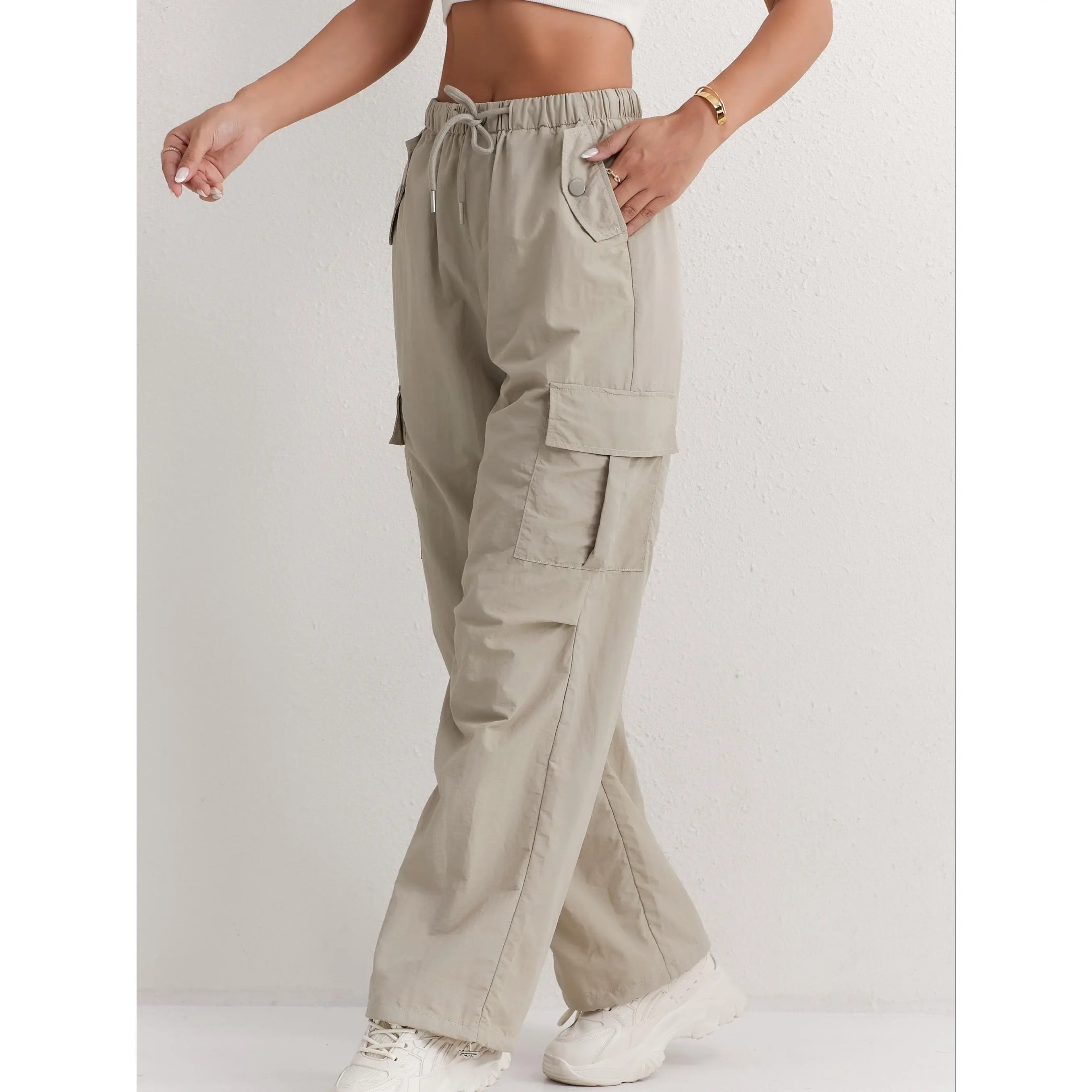 Slant Pockets Straight Leg Cargo Pants, Casual Drawstring Waist Pants For Spring & Summer, Women's Clothing