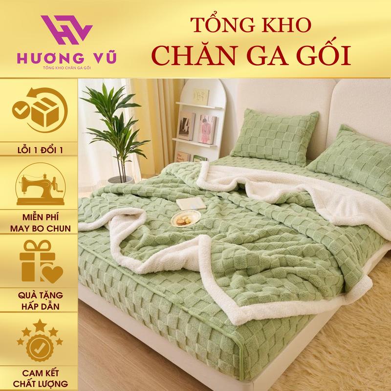 Chăn Ga Gối Nỉ Nhung Sữa Trần Ô Vuông 7D Mềm Mịn Mượt có Ga Giường Nỉ Nhung chan long cuu