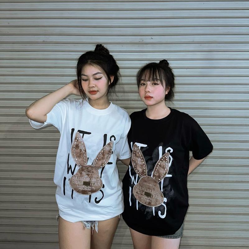 Áo phông Nữ Cổ Tròn giấu quần hàng QC thỏ thêu hoạ tiết tai đính đá 2