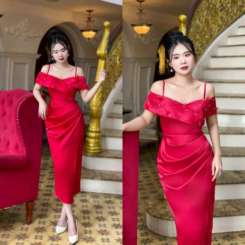 [NGA PHẠM 'DRESS] - ĐẦM BODY LỤA Nữ DỰ TIỆC TRỄ VAI KẾT HỒ ĐIỆP XẾP LY DÁNG NGẮN XẺ CHÂN -(5 màu) đỏ hồng váy dự tiệc 1