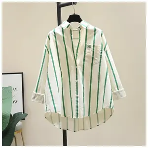 CHICMORE Kemeja Longgar Lengan Panjang Kerah Polo Bergaris Vertikal Untuk Wanita
