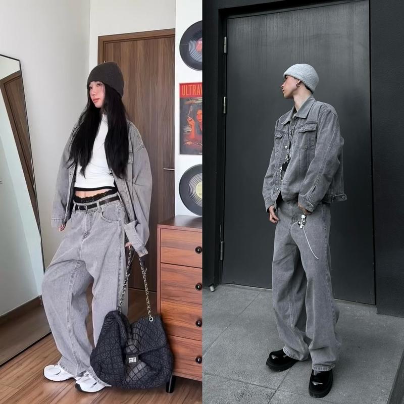 FABULOUS Set Denim Gồm Áo Khoác Jean Form Unisex Và Quần Ống Rộng , Màu Đen/ Xám Cement Menswear Ong Có Túi