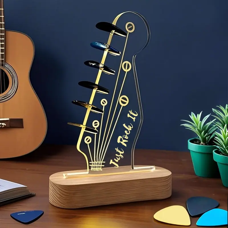 Guitar Shaped USB Rechargeable Night Light, Creative Guitar Design Ambient Night Light with Wooden Base, Decorative Light for Home Bedroom Living Room 2