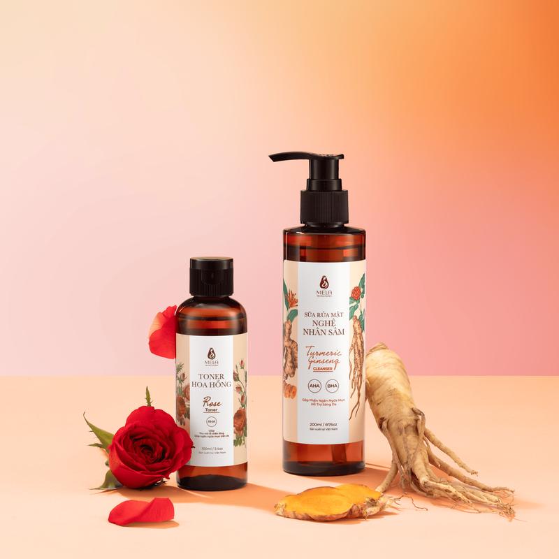 Combo Sữa rửa mặt nghệ nhân sâm, Toner hoa hồng Mela 100ml - Skincare cho da dầu mụn và lỗ chân lông to ML50