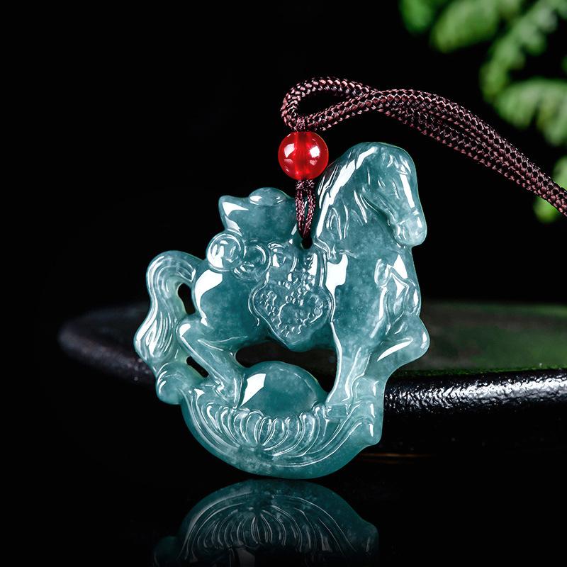 Natural A Grade Jadeite Blue Water Yuanbao Horse Pendant "Get Rich Soon" Ice Jade Zodiac Horse Jadeite for Men and Women 2