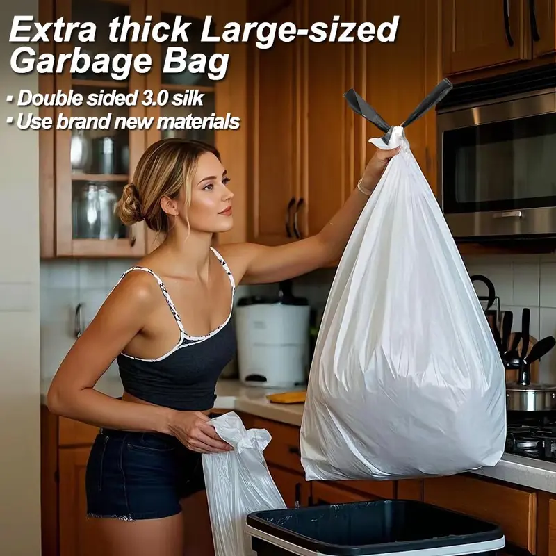 30L Large Kitchen Garbage Bag, 6/8 Rolls Solid Color Garbage Bag with Drawstring, Household Garbage Bag for Home Kitchen Living Room 3