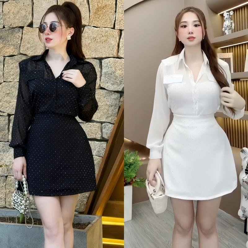 Set váy nữ voan đính đá áo sơmi dài tay [ kèm áo lót 2 dây ] mix chân váy ngắn tôn dáng xinh xắn dành cho các chị em đi tiệc, đi chơi.  Women top