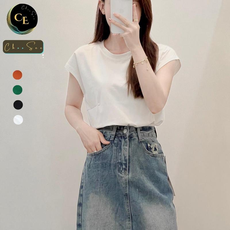 Áo phông nữ cộc tay cổ tròn chất thun cotton mềm mịn thấm mồ hôi không nhão vải kiểu tay hến phong cách thời trang CHS210 0