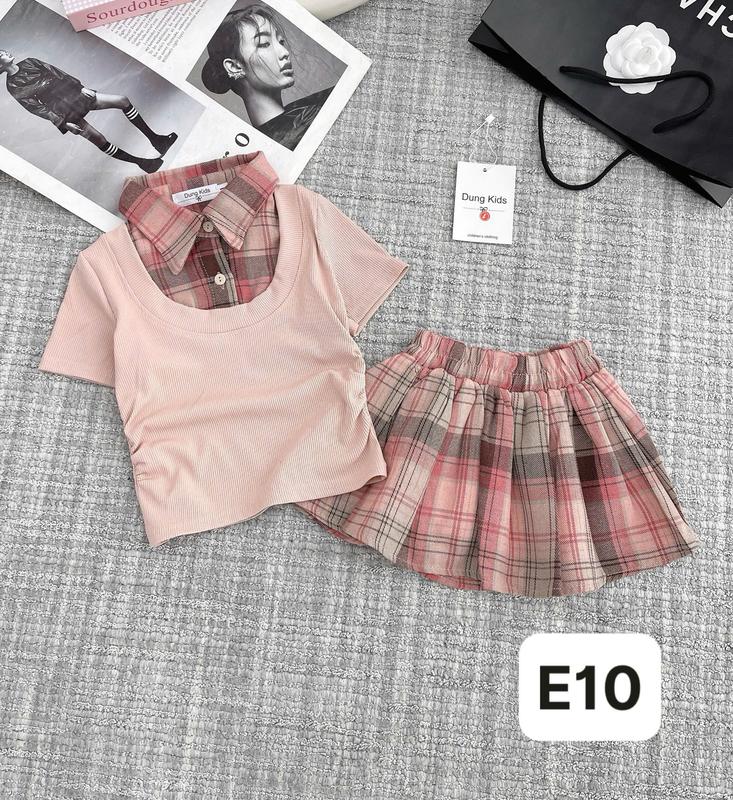 Dung Kids 05 - E10 Set kẻ 2 màu, Áo Pha Cổ sơ mi kẻ kèm chân vát xòe xinh xắn cho bé gái 5