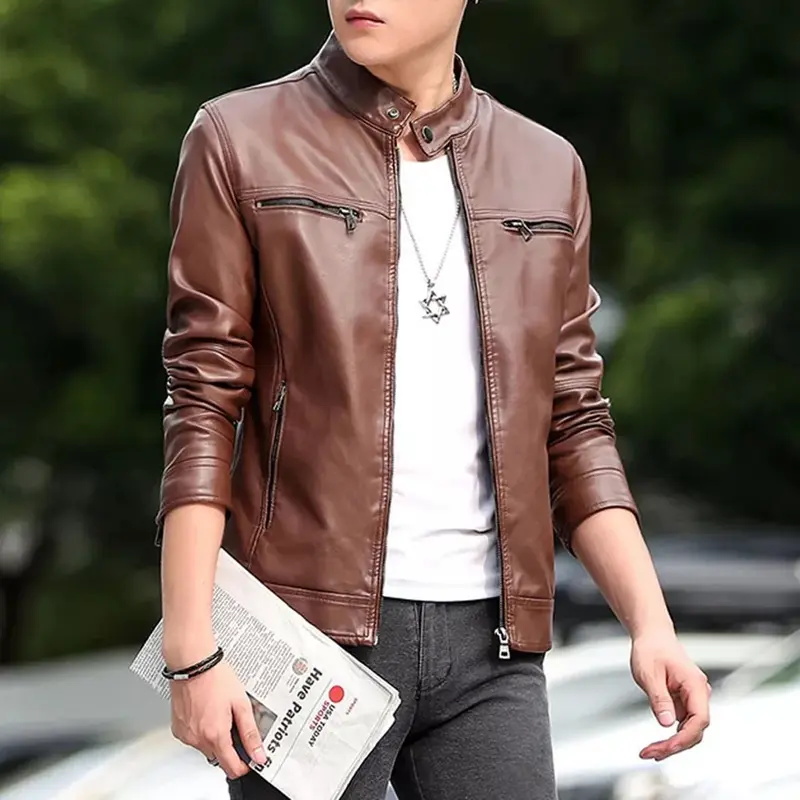 Jaket kulit pria keren gaya Musim dingin Nyaman Slim Fit Lembut 0