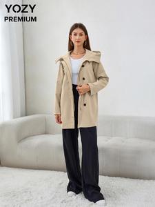 YOZY Women's Solid Button Front Pocket Hooded Coat, Casual Long Sleeve Zip Up Outerwear for Fall & Winter, Ladies Clothes for Daily Wear