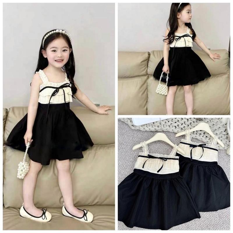 Váy 2 Dây Phối Voan Tơ Đính Nơ, Chân Váy Đen Xinh Xắn Cho Bé Gái 8-25kg (1-8 tuổi)