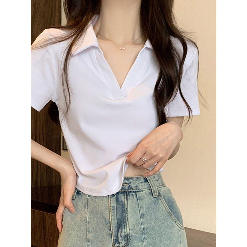 Áo Thun Ngắn Tay Cổ Polo, Màu Đỏ Rượu Vang, Dành Cho Nữ, Phong Cách Hàn Quốc, Dáng Ôm, Cổ Chữ V, Vai Nhỏ Áo Ngắn, Thích Hợp Cho Mùa Xuân Và Mùa Hè 2024 4