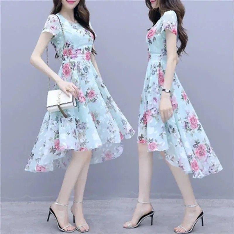Váy In Hoa, ngắn Tay, Dành Cho Phụ Nữ, Phong Cách Thường Ngày Vừa Vặn Ôm Sát, Váy Lụa Lạnh Không Đối Xứng Cổ Tích Mùa Hè Mới 2024 6