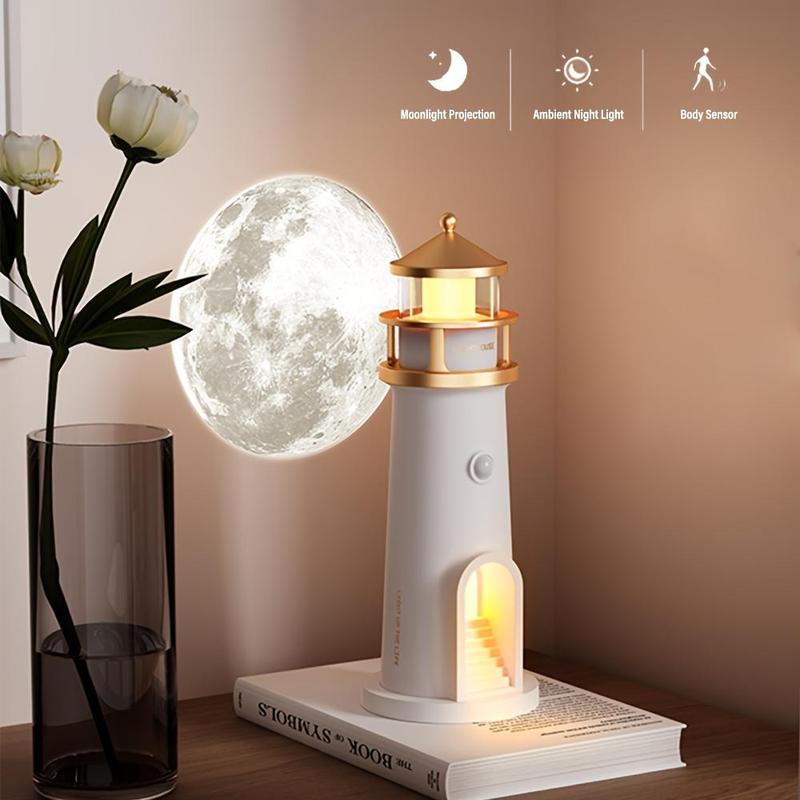 Moonlight Lighthouse Projection Light with Motion-Sensor Night Light, USB Rechargeable Lighting, Bedroom Bedside Lamp, LED Moonlight Projection Ambient Light 4