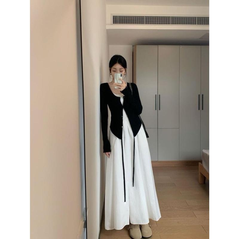 Set đầm maxi 2 dây phối áo khoác cardᶖgan lạ mắt  Set đồ nữ trắng đen tôn dáng che khuyết điểm mặc thu đông 4