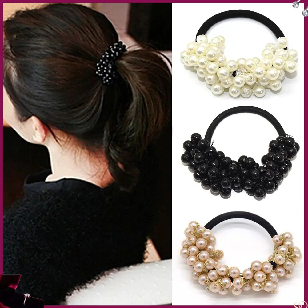 CNO Sweet Women Faux Pearl Elastic Ponytail Holder Hair Rope Band Tie Accessory
