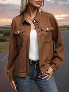 Women's Textured Button Front Zipper Jacket, Casual Long Sleeve Collared Pocket Outerwear for Daily Wear, Ladies Clothes for All Seasons